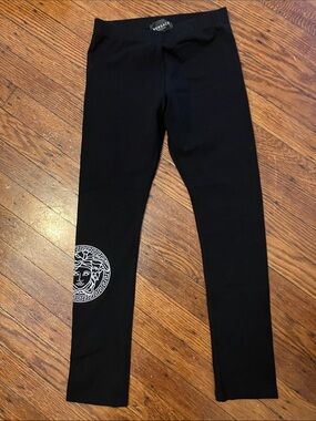 Versace Kids Black Leggings with White Medusa Print